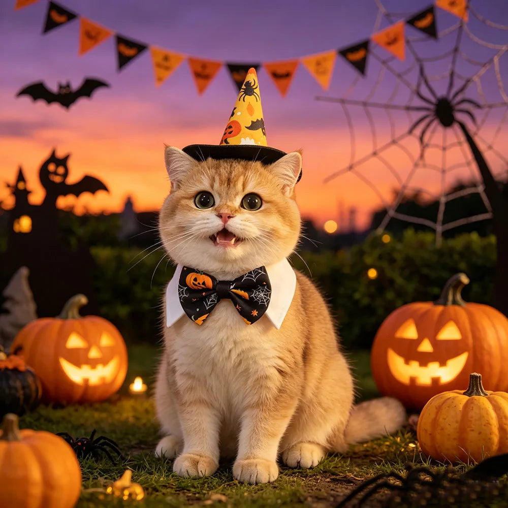 Pet Halloween Costume Set - Pumpkin Spider Wizard Hat & Bow Tie Collar for Dogs Cats