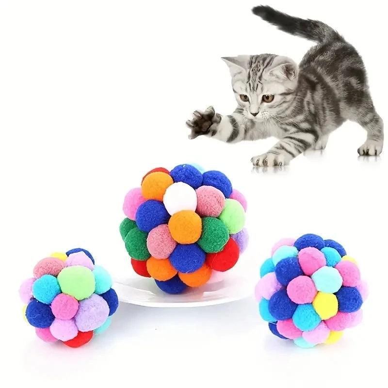 Colorful Pom Pom Cat Toy Ball with Bell Interactive Kitten Play Balls