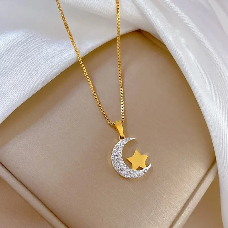 Crescent Moon Pendant Necklace Stainless Steel Zircon Vintage Jewelry