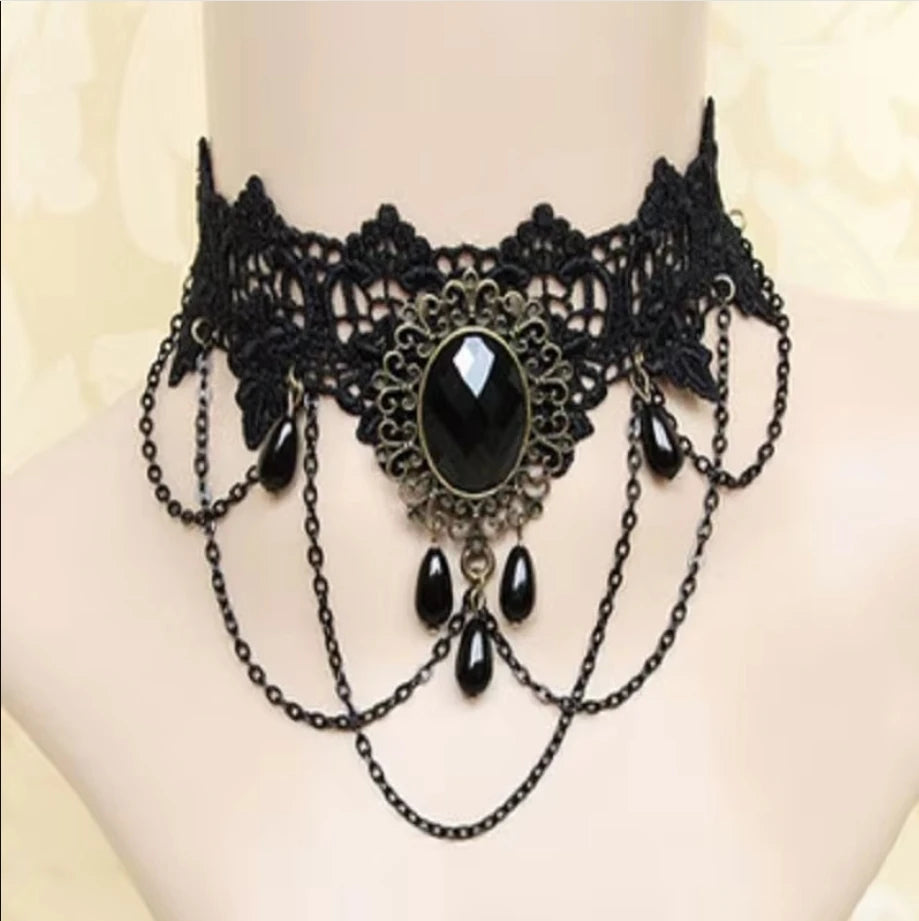 Gothic Victorian Black Lace Choker Necklace with Crystal Tassel, Dark Lolita Jewelry