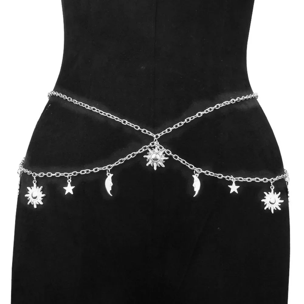 Punk Hip Hop Sun Waist Chain Belt – Vintage Gold & Silver Metal High Waist Chain for Women