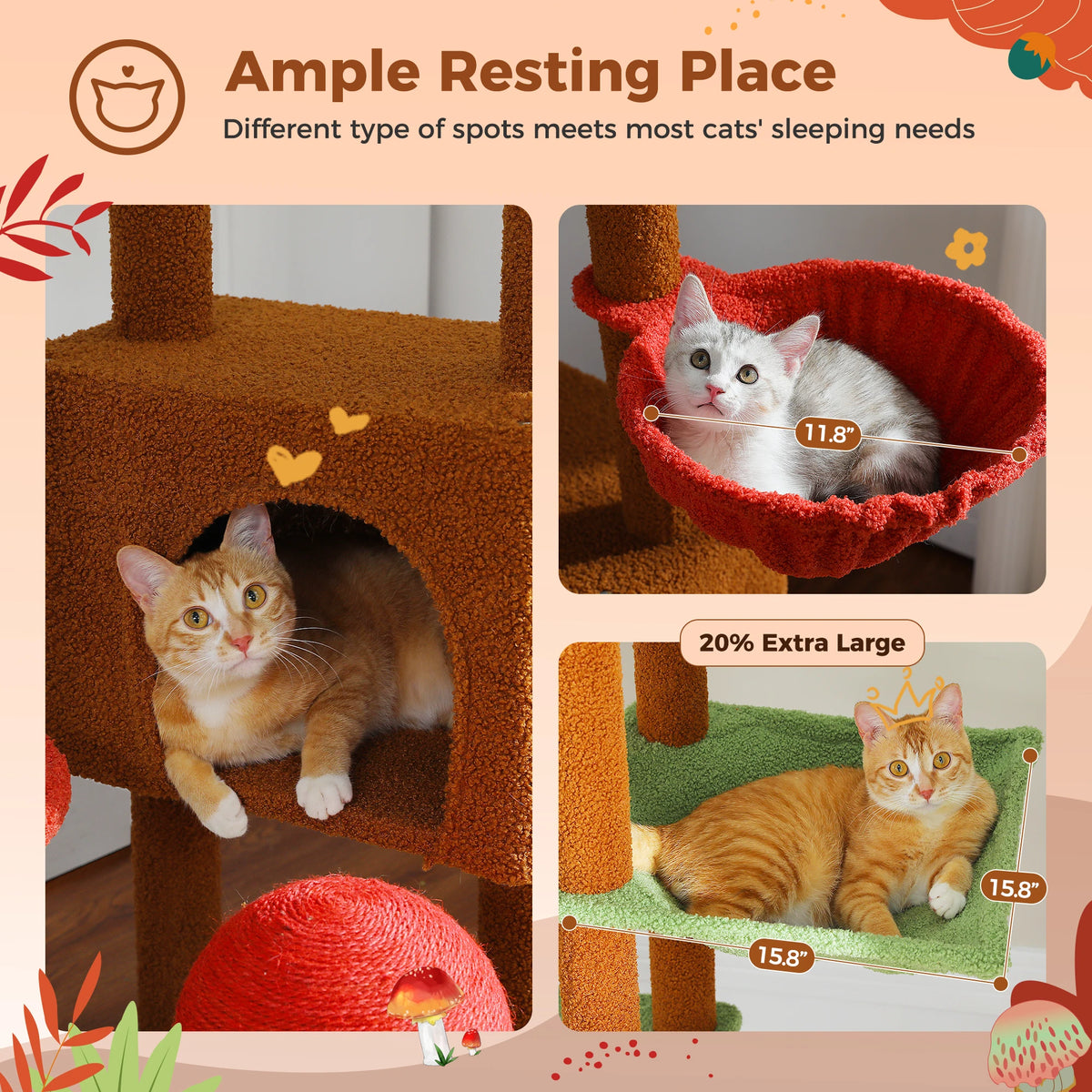 Cat Tree Floor to Ceiling Cat Tower Adjustable Height with Cat Condo Cozy Hammock and Scratching Post Tall Activity Tree Autumn Vibe