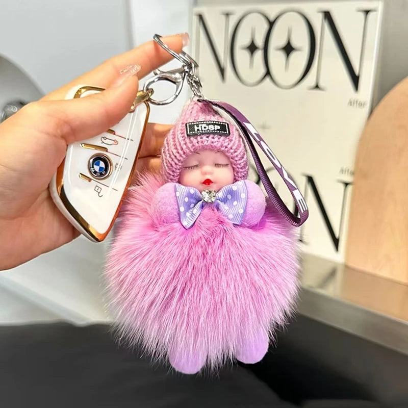 Cute Fluffy Sleepy Doll Keychain – Kawaii Plush Bag Charm Car Key Ring Gift