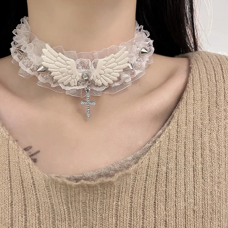 Wide Lace Rivet Choker Necklace - Y2K Angel Wing Leather Collar for Women & Girls