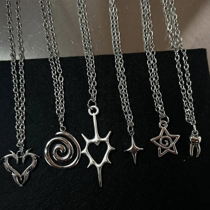 Y2K Flail Fire Heart Teeth Pendant Necklace - Grunge Punk Charm