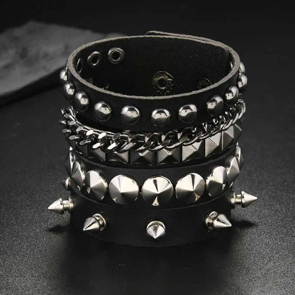 3-Piece Black Gothic Spike Rivet Bracelet Set – Punk Emo Boho Studded Wristbands