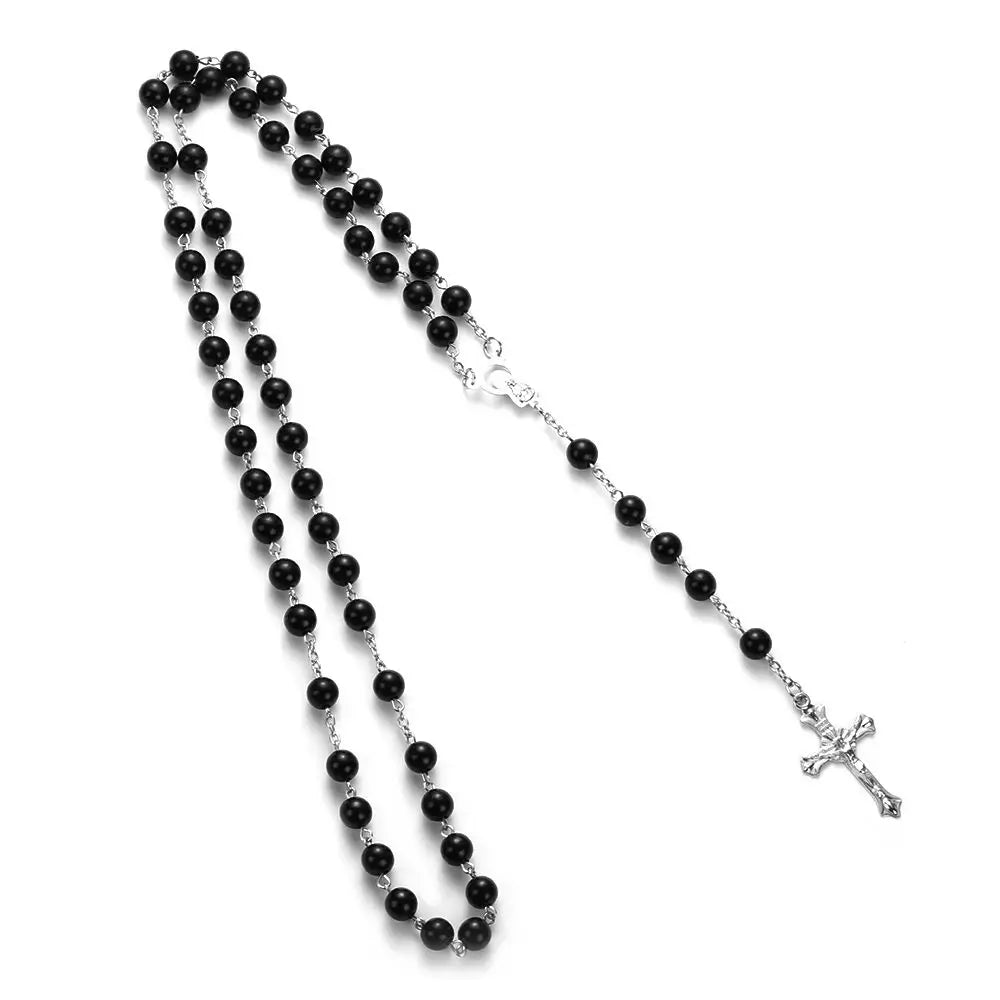 Rosary Bead Cross Necklace Vintage Virgin Mary Pendant Gothic Catholic Jewelry