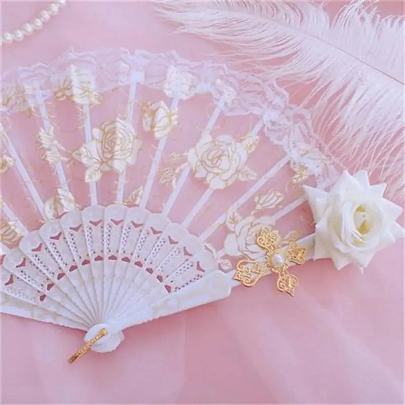 Lolita Lace Hand Fan – Gothic Victorian Folding Fan with Rose, Black White Red