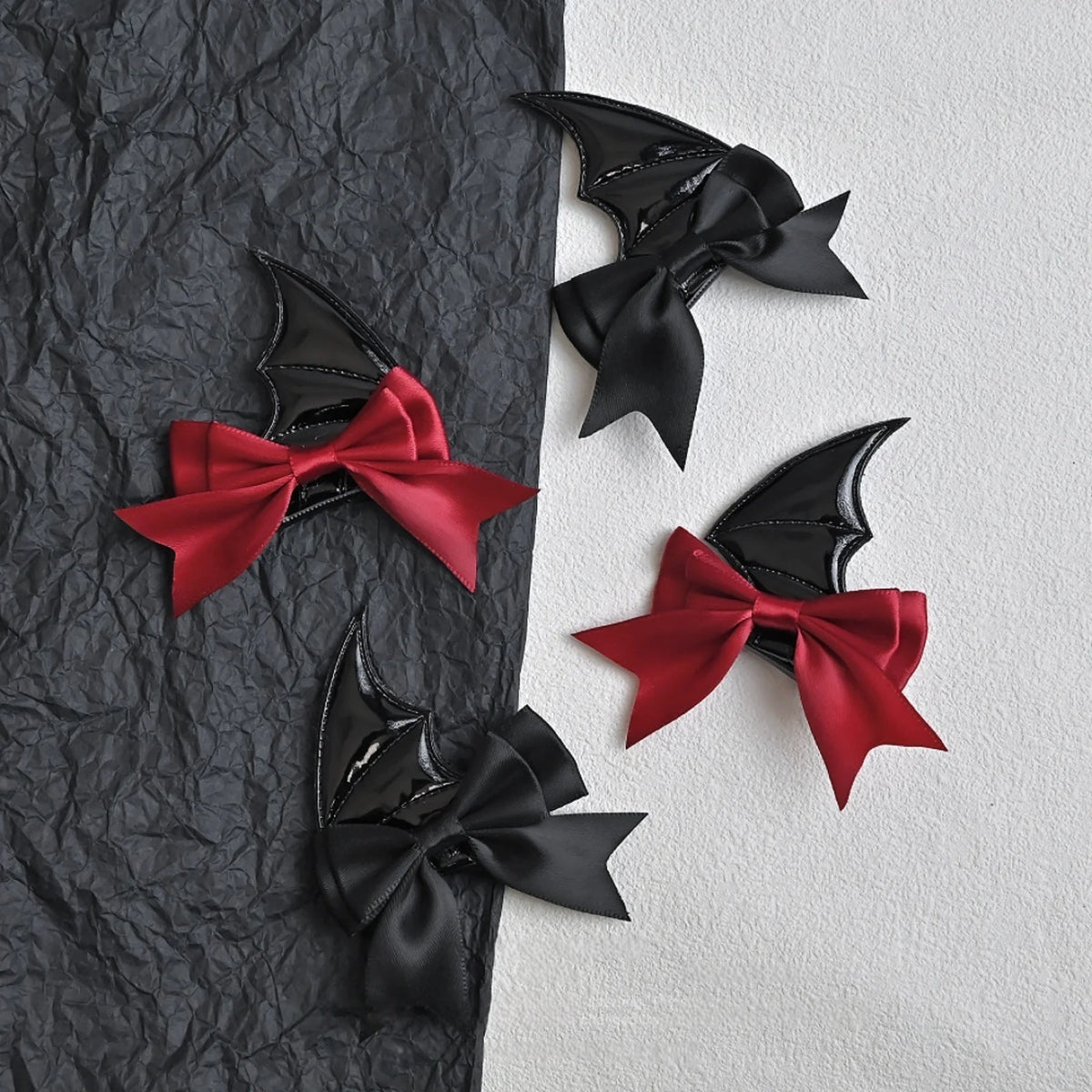 Halloween Devil Horn Bow Hair Clips Gothic Red Black Bat Wing Hairpins Cosplay Set