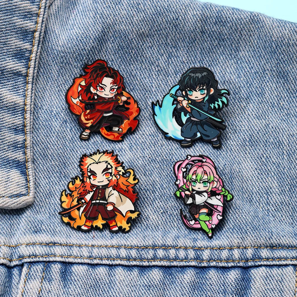 Demon Slayer Enamel Pins Set 4pcs Rengoku Anime Cartoon Jewelry Brooch Accessory