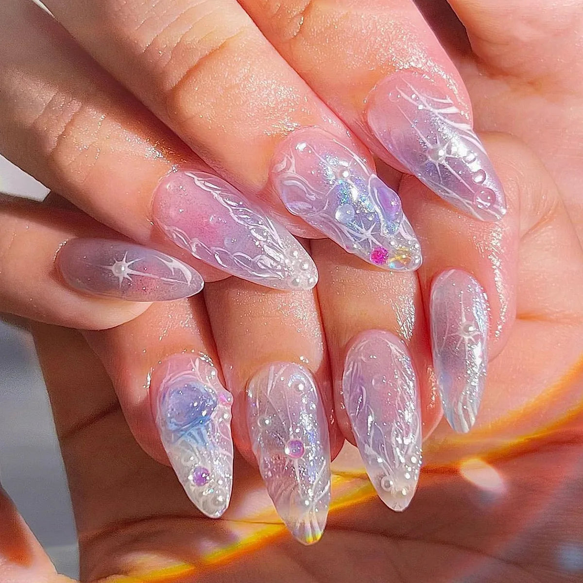 Y2K Star Press On Nails 24pcs – Blue Gradient French Gold Moon Almond False Nails