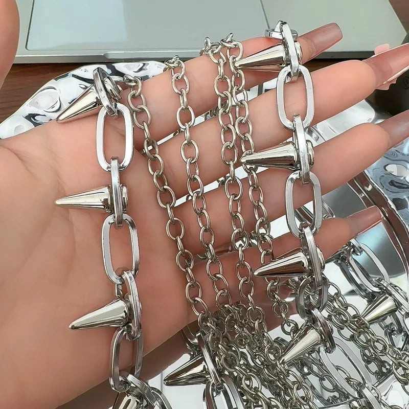 Silver Punk Double-Layer Waist Chain with Rivets – Adjustable Metal Belt Pants Chain for Women & Men