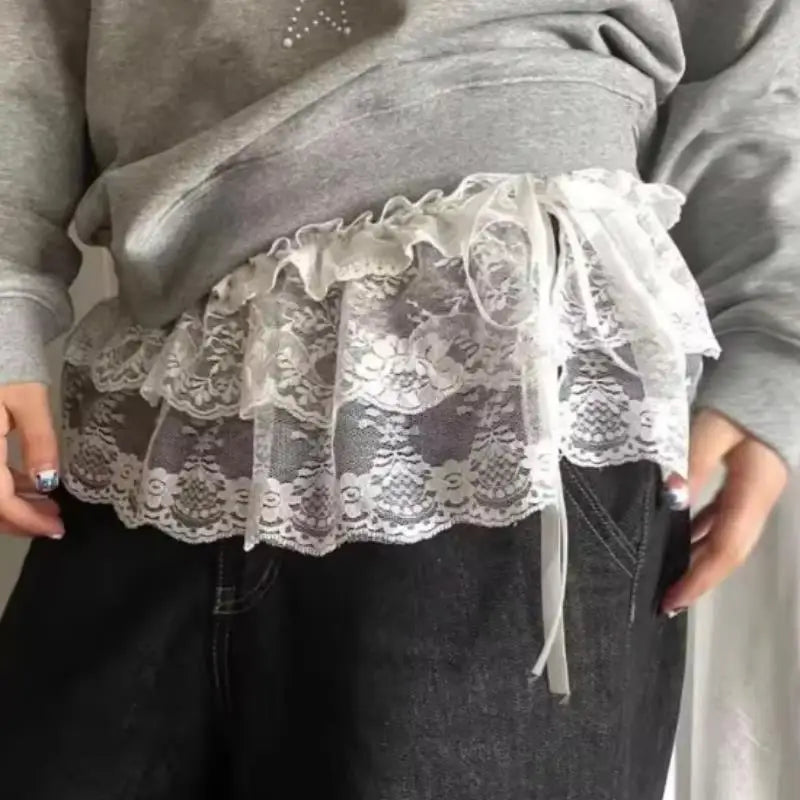 Y2K Lace Mini Layered Skirt, Coquette Tiered Denim-Look Skirt for Women
