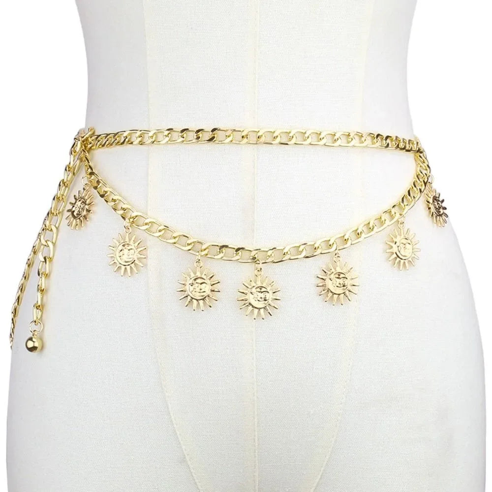 Punk Hip Hop Sun Waist Chain Belt – Vintage Gold & Silver Metal High Waist Chain for Women