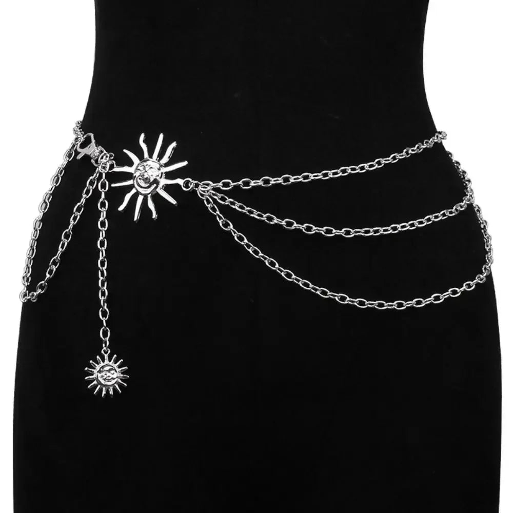 Punk Hip Hop Sun Waist Chain Belt – Vintage Gold & Silver Metal High Waist Chain for Women