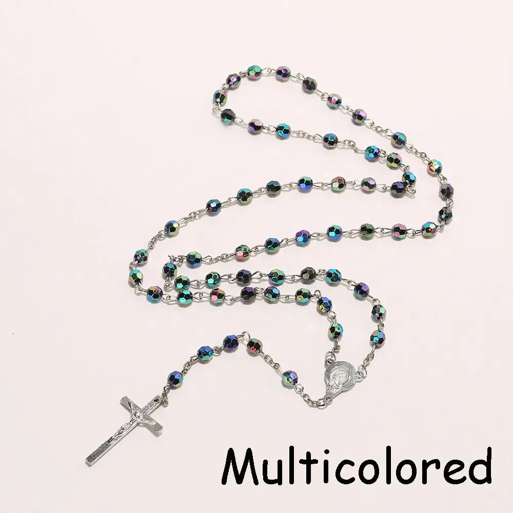 Rosary Bead Cross Necklace Vintage Virgin Mary Pendant Gothic Catholic Jewelry