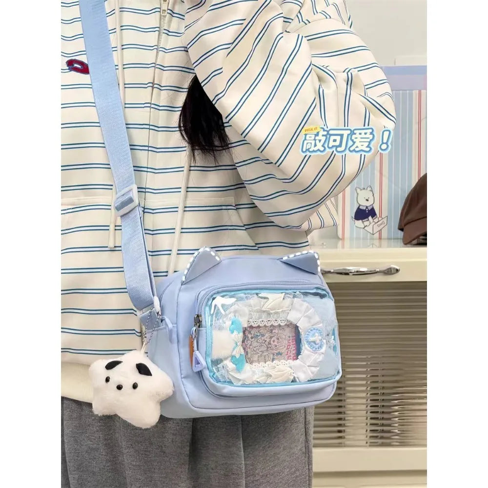 Y2K Clear Ita Crossbody Bag, Transparent Cartoon Doll Display Phone Bag