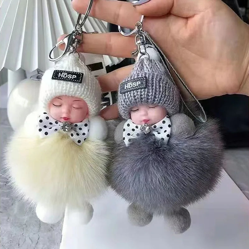 Cute Fluffy Sleepy Doll Keychain – Kawaii Plush Bag Charm Car Key Ring Gift