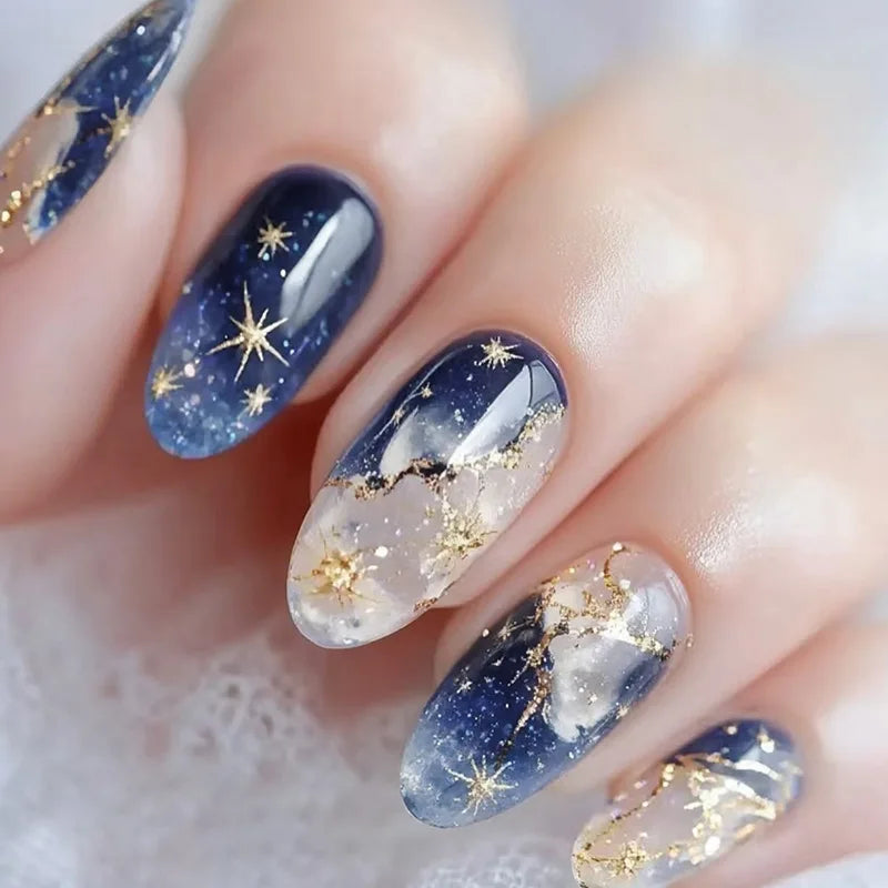 Y2K Star Press On Nails 24pcs – Blue Gradient French Gold Moon Almond False Nails