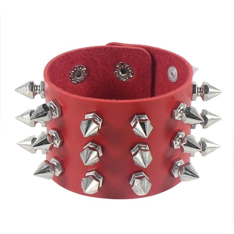 Three-Row Spiked Rivet Stud Wide Cuff Bracelet – Black PU Leather Punk Gothic Wristband