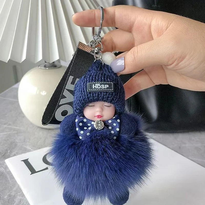 Cute Fluffy Sleepy Doll Keychain – Kawaii Plush Bag Charm Car Key Ring Gift