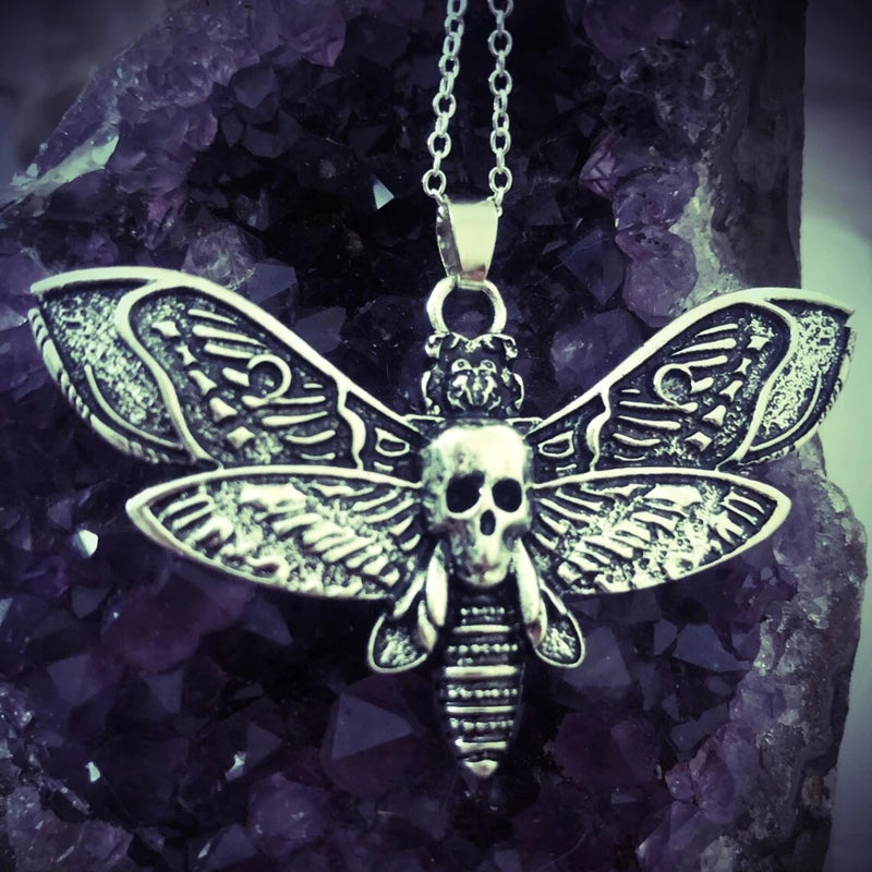 Death Moth Skull Necklace Gothic Butterfly Pendant 18 Inch Silver Chain Emo Goth