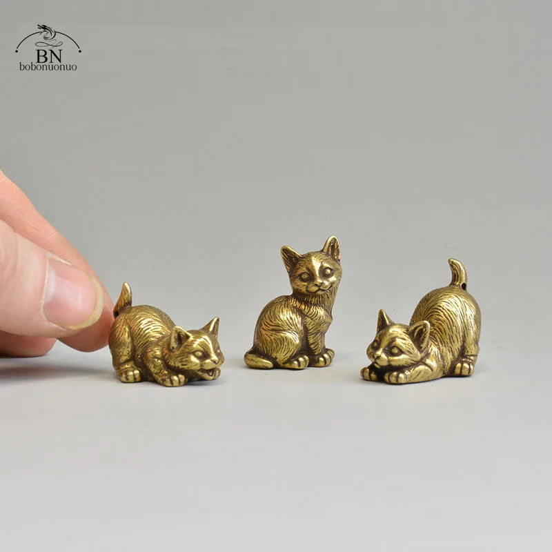 Brass Cat Figurines Miniature Desktop Ornaments Small Animal Tea Pet Home Decor