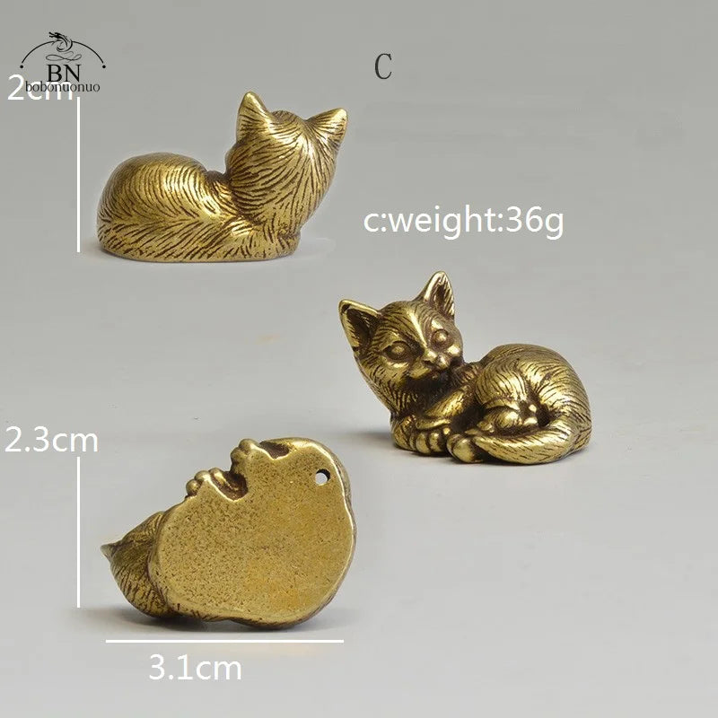 Brass Cat Figurines Miniature Desktop Ornaments Small Animal Tea Pet Home Decor