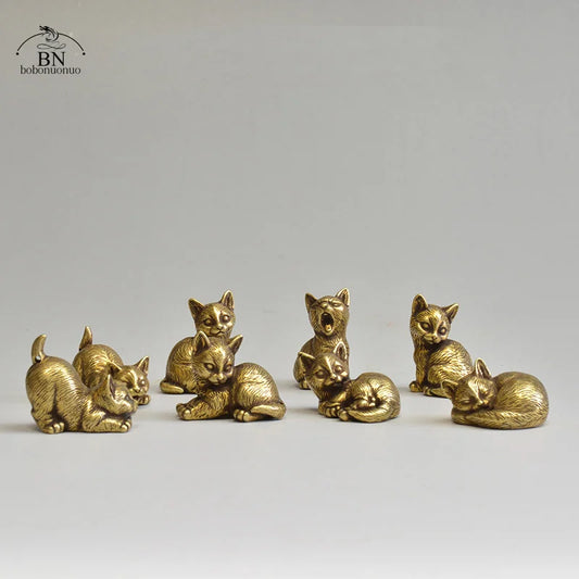 Brass Cat Figurines Miniature Desktop Ornaments Small Animal Tea Pet Home Decor