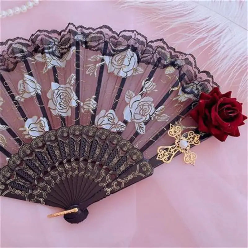 Lolita Lace Hand Fan – Gothic Victorian Folding Fan with Rose, Black White Red
