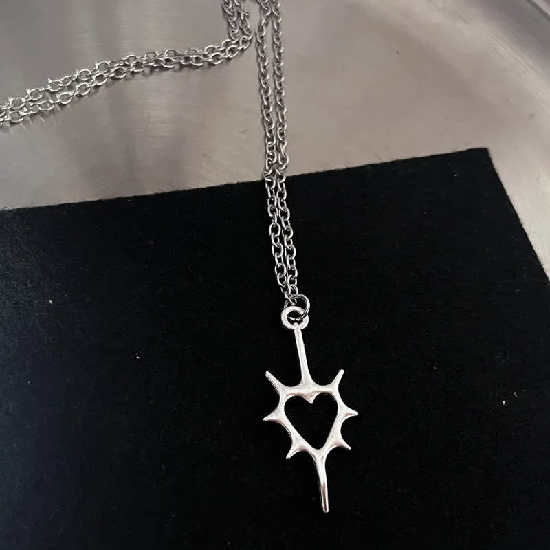 Y2K Flail Fire Heart Teeth Pendant Necklace - Grunge Punk Charm