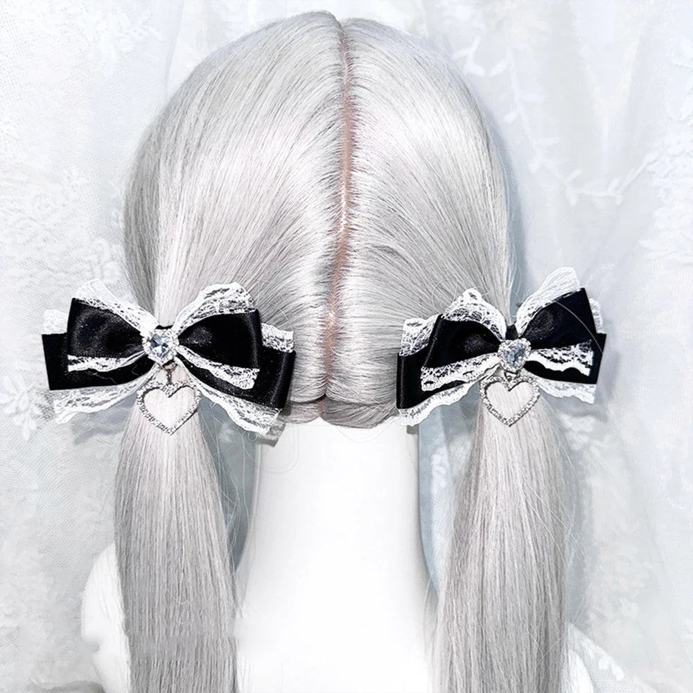 Y2K Gothic Harajuku Lace Bow Hair Clips – Lolita Double Ponytail Hairpins & DIY Bag Decor for Girls