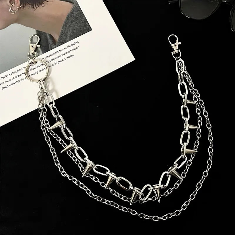 Silver Punk Double-Layer Waist Chain with Rivets – Adjustable Metal Belt Pants Chain for Women & Men