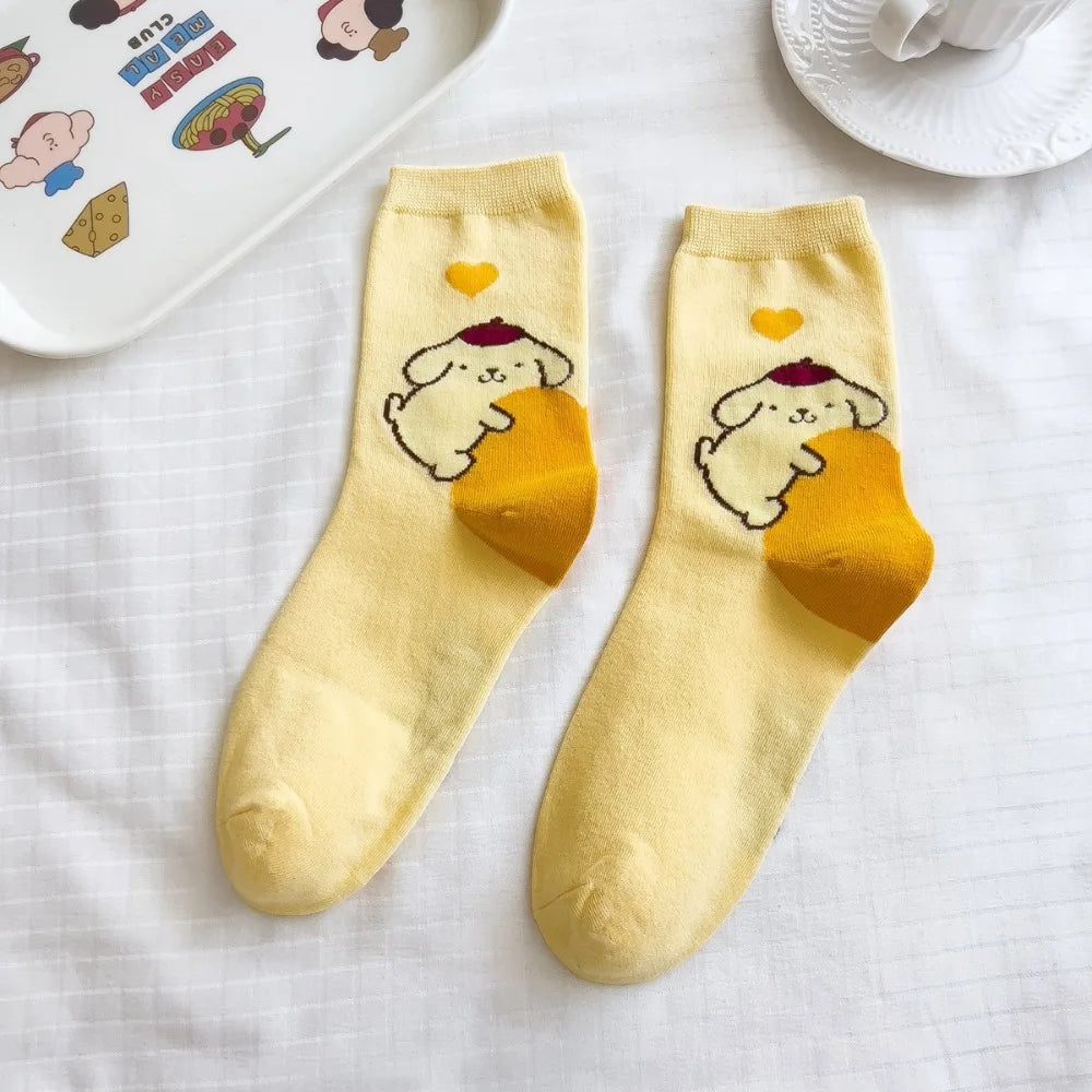 Sanrio Pompompurin Socks – Kawaii Mid-Length Breathable Cotton Socks for Girls