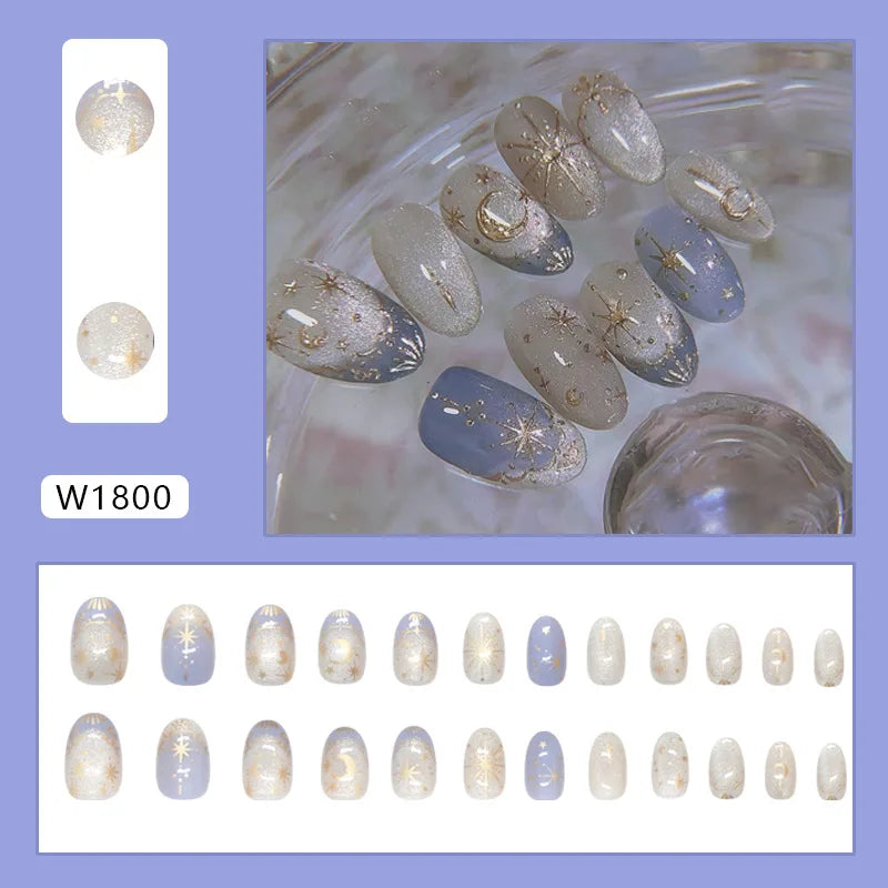 Y2K Star Press On Nails 24pcs – Blue Gradient French Gold Moon Almond False Nails