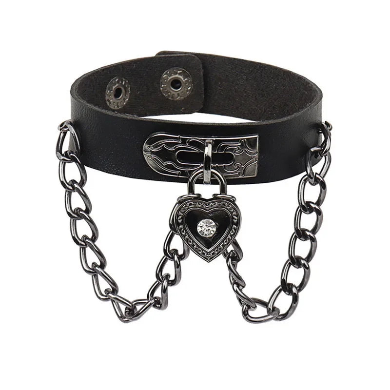 90s Heart Gothic Spike Bracelet – Adjustable Black Studded Faux Leather Punk Rock Wristband