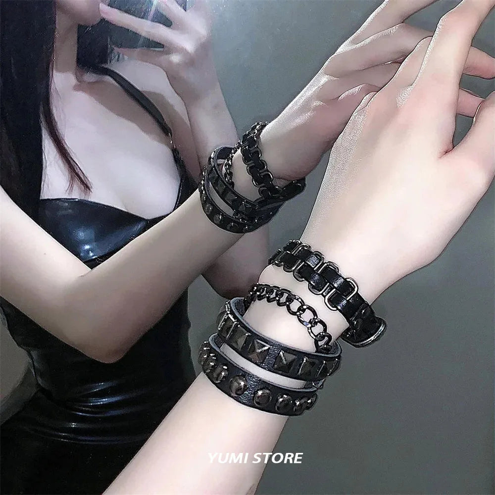 Punk Dark PU Leather Layered Wrap Bracelet for Women and Men – Gothic Chain Hip Hop Rock Jewelry