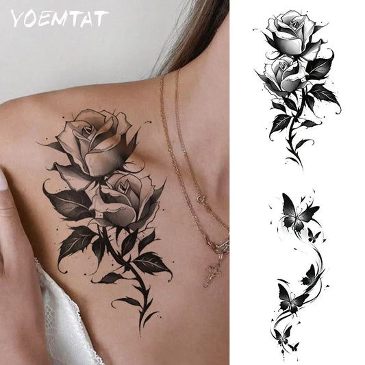 2pcs Black Rose Butterfly Waterproof Temporary Tattoo Stickers, Floral Body Art