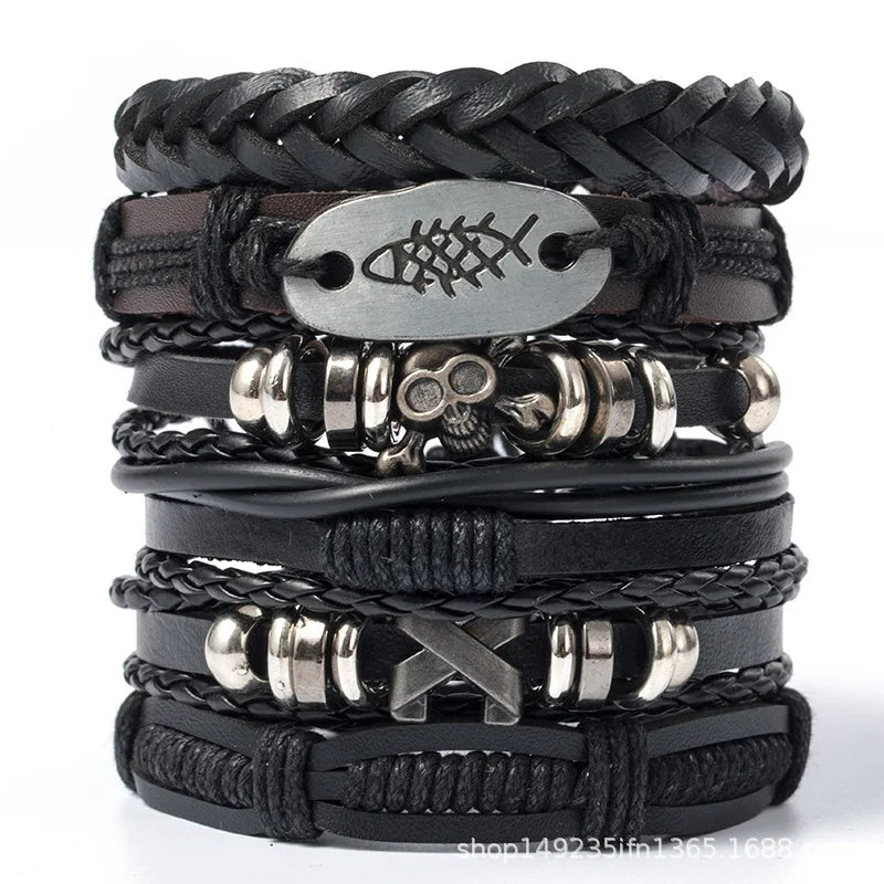 Black Punk Skull & Star Leather Bracelet Set – Gothic Alloy Wristband for Men & Women