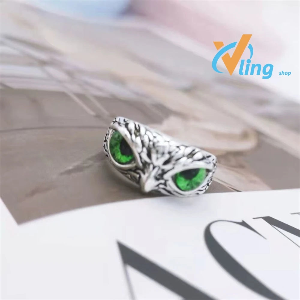 Evil Eye Owl Adjustable Ring, Antique Silver Gothic Punk Animal Finger Jewelry