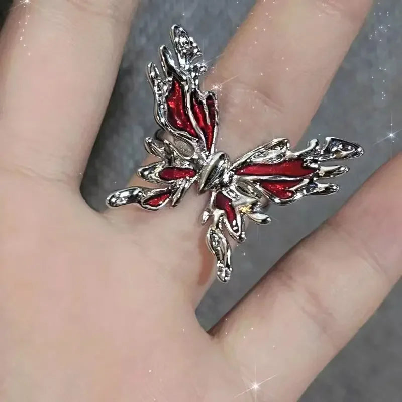 Gothic Red Crystal Heart Rings Set – 8pcs Irregular Y2K Butterfly Spider Aesthetic Jewelry for Women