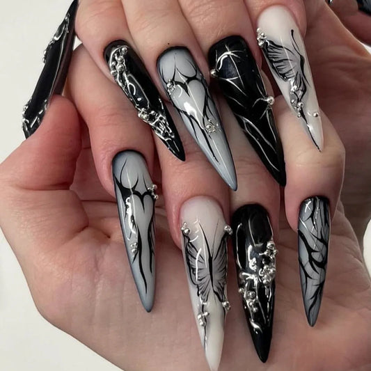 24Pcs Black Y2K Press On Nails, Diamond Butterfly Halloween Long Almond Tips