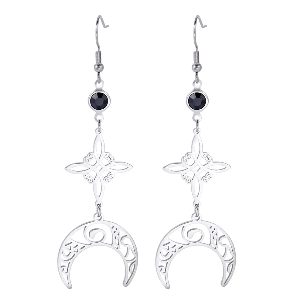 Goth Moon Phase Pentagram Earrings - Stainless Steel Witchy Dangle Jewelry