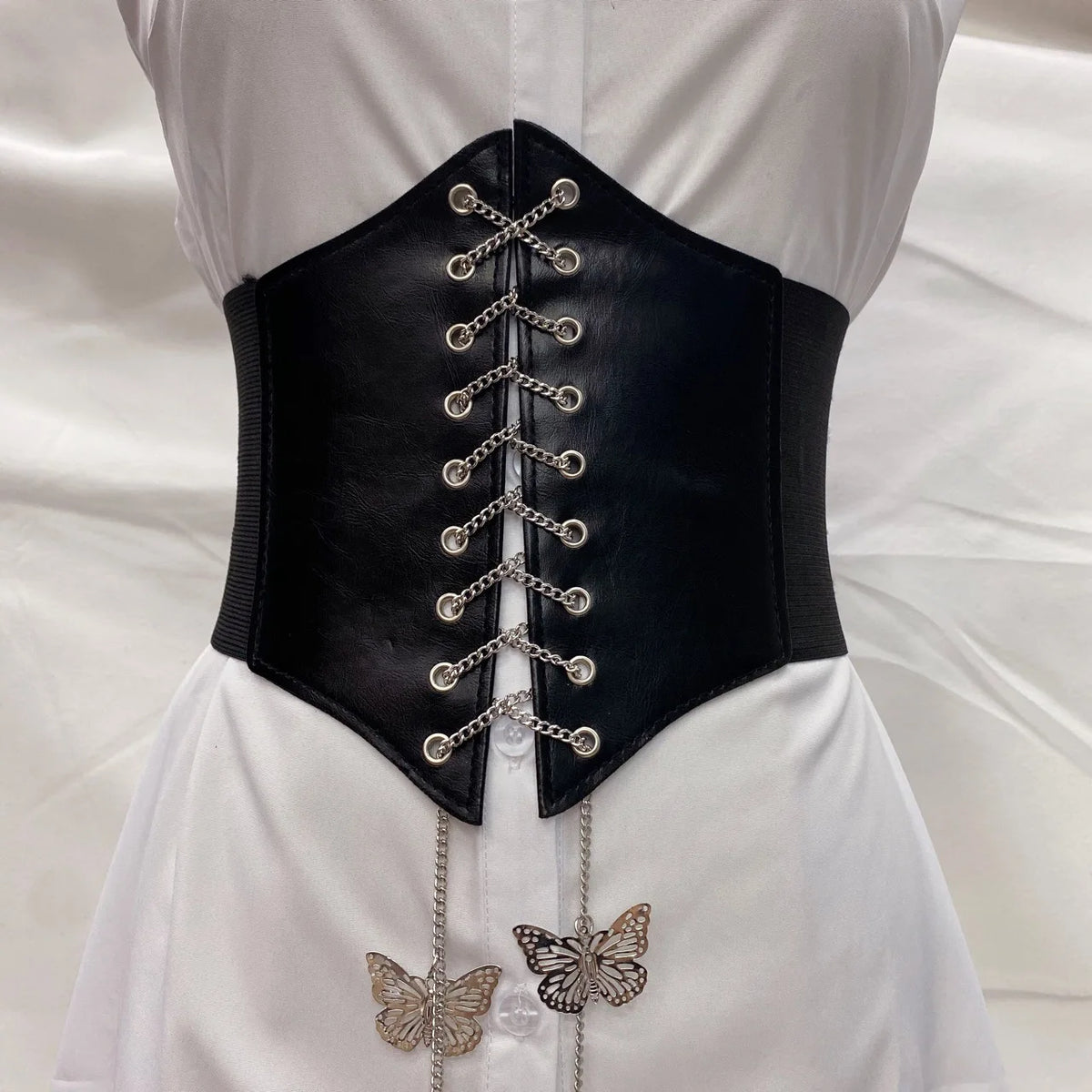 Gothic PU Leather Corset Wide Belt – Elastic High Waist Slimming Dress Girdle