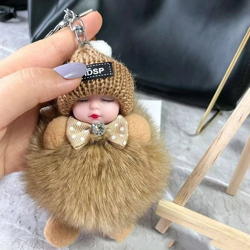 Cute Fluffy Sleepy Doll Keychain – Kawaii Plush Bag Charm Car Key Ring Gift