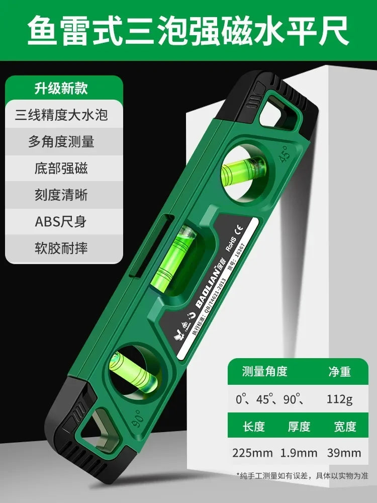Magnetic Three Bubble Level Ruler 230mm – Mini Shockproof Spirit Level 0° 45° 90° Gauge