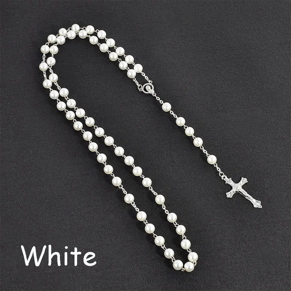 Rosary Bead Cross Necklace Vintage Virgin Mary Pendant Gothic Catholic Jewelry