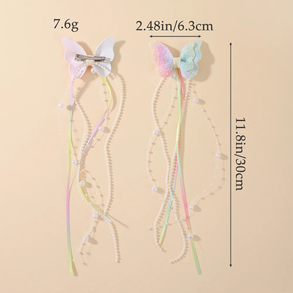 Sparkly Butterfly Bow Hair Clips for Girls – Long Pearl Tassel Ribbon Barrettes, Fairy Cosplay Hair Accessories