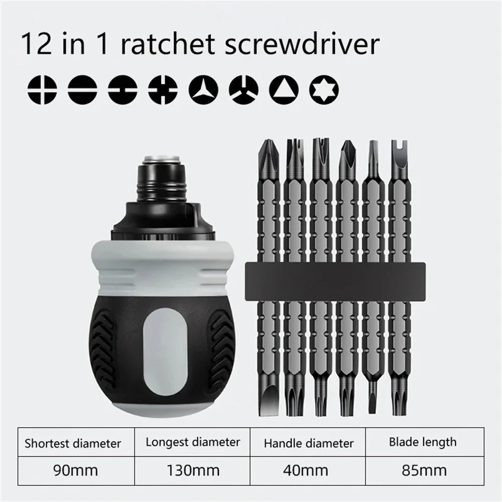 Ratchet Screwdriver Set with 12 Magnetic Bits, Compact Short Handle