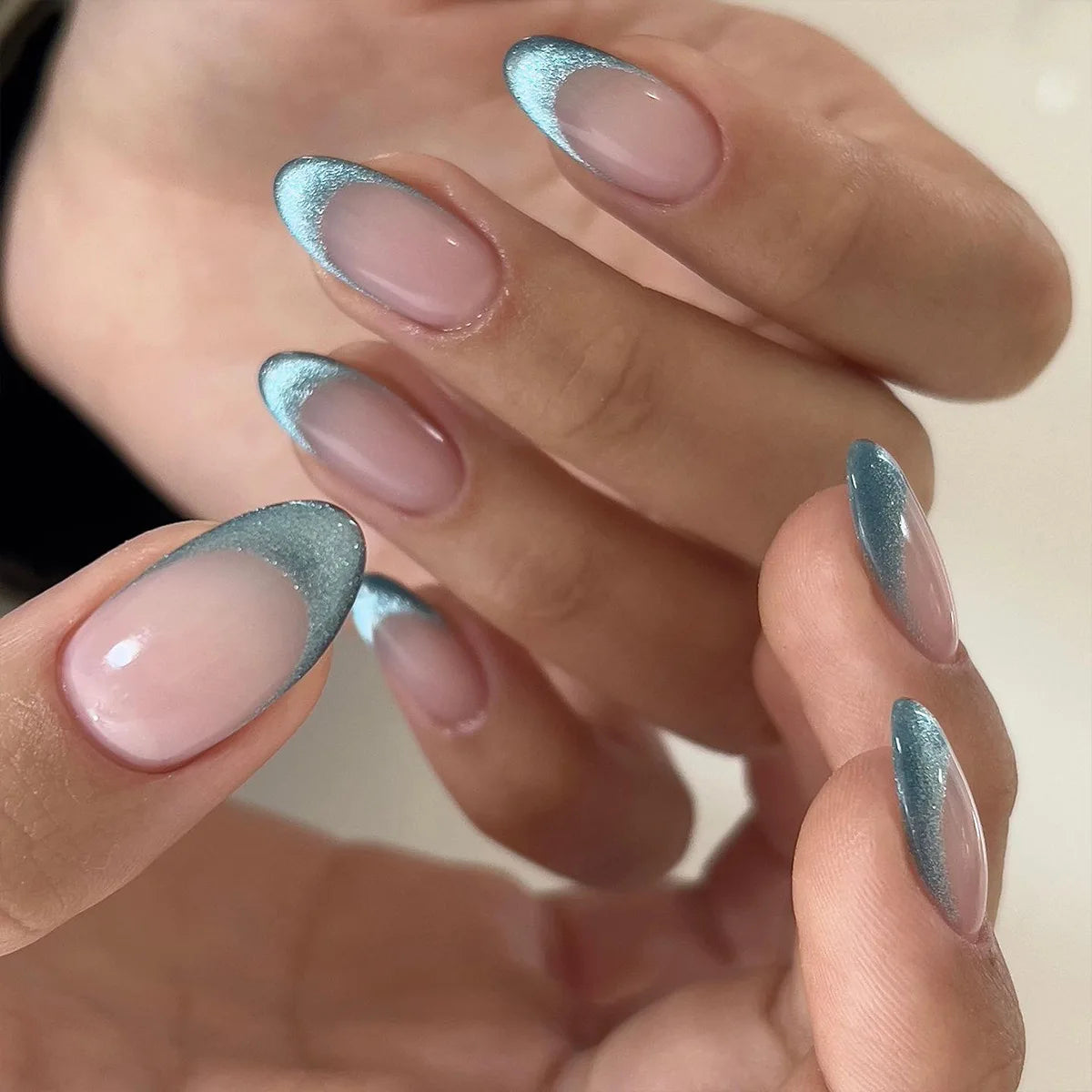 Y2K Star Press On Nails 24pcs – Blue Gradient French Gold Moon Almond False Nails